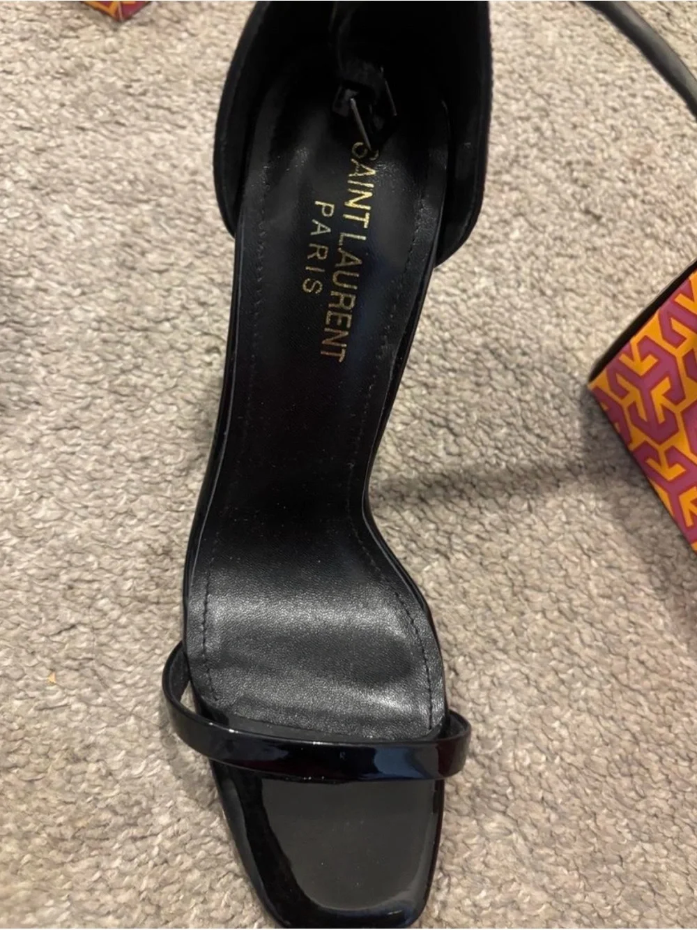 Saint Laurent Black Patent YSL Logo Heel Sandals